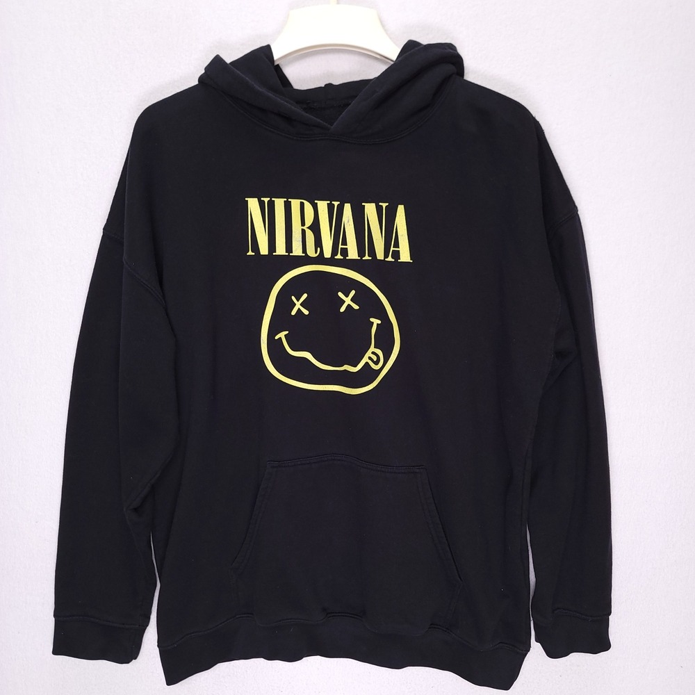 Nirvana Smiley Face Graphic Hoodie Mens Black Yellow Rock Band Sweatshirt